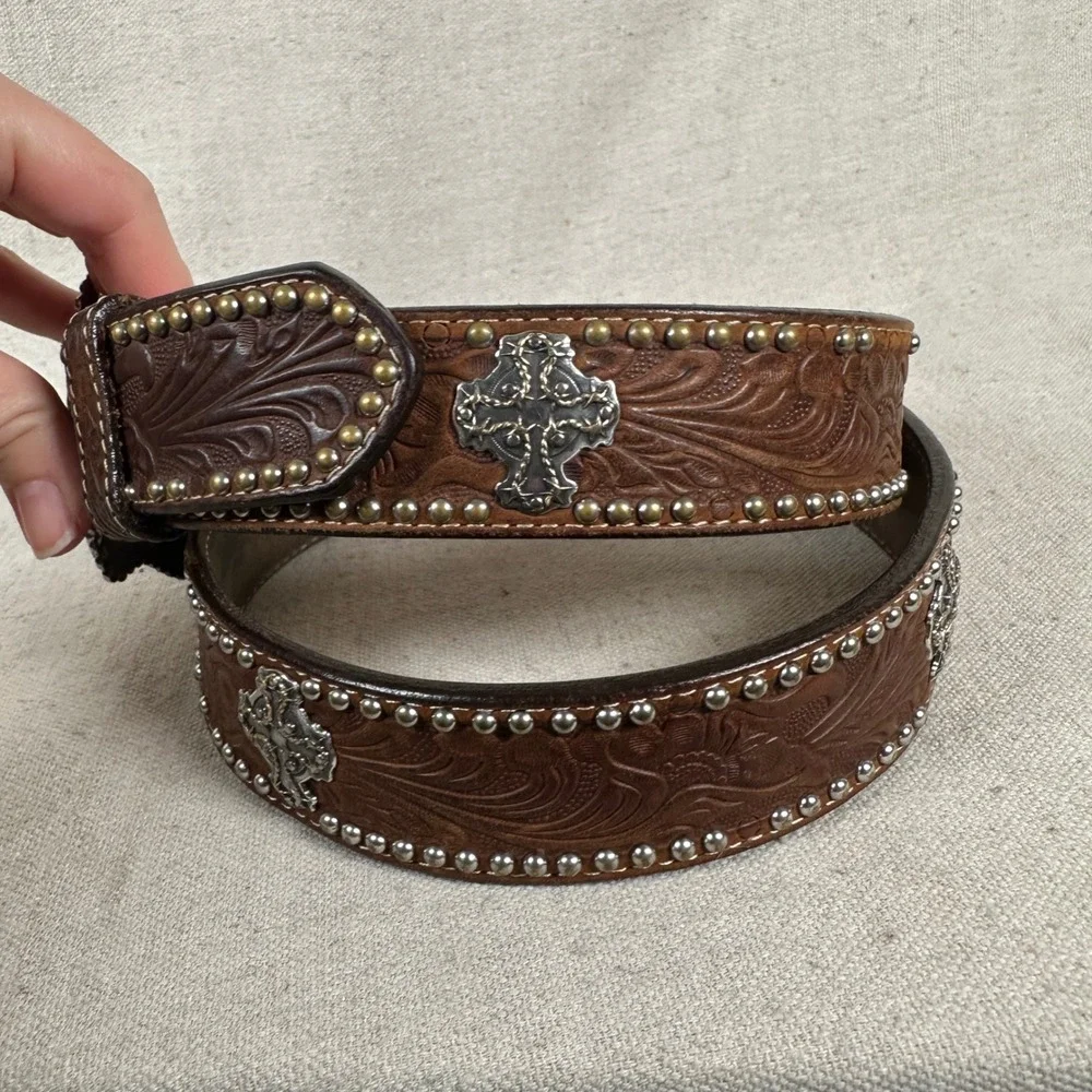 Mens Brown Tooled Leather Western Belt Silver Cross‎ Conchos Studded Size 38